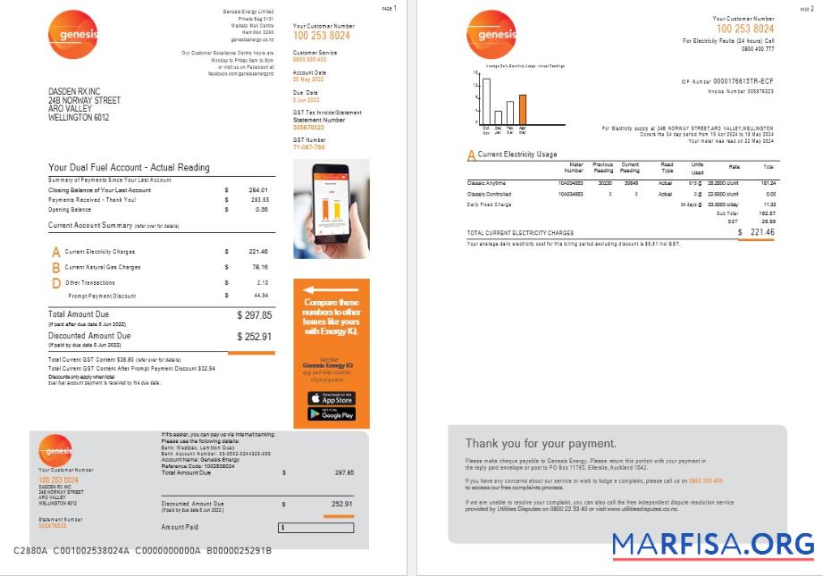 Downloadable New Zealand Genesis Gas utility bill 1 2 real example